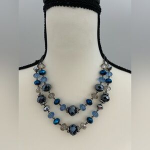 Trifari Necklace Glass Faceted Beads Double Strand 18” Blue Black EUC